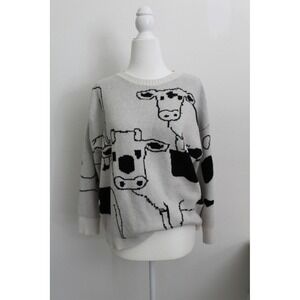 Women's Cow Print Knit Sweater Black White Crew Neck Long Sleeve‎ Size S